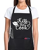 Xornis Funny Apron for Men Women 100% Cotton Kiss The Cook Adjustable Bib Aprons with 2 Pockets Funny Gifts Grilling Grill Kitchen Cooking BBQ Black
