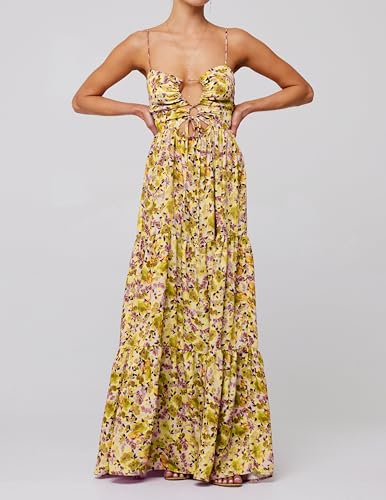 Image of Womens Vintage Floral Long Dress Y2k Spaghetti Strap Tie Back Hollow Out Maxi Dress Summer Beach Party Sundress