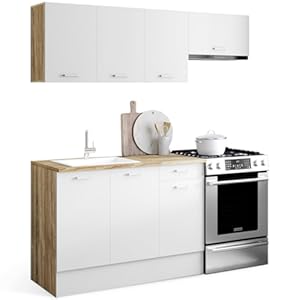 IDMarket – Complete keuken 180 cm Subtiel met werkblad 5 elementen hout en wit