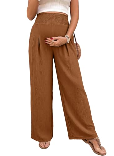 BLENCOT Women's Maternity Pants Smocked High Waist Trousers Camel Small