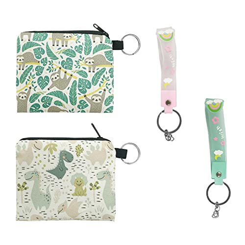 Monedero de 2 piezas con correa de llavero de 2 piezas, monedero con patrón lindo de dibujos animados de dinosaurio perezoso, bolsa impermeable para guardar monedas, billetera con estampado animal Cover