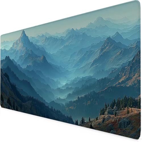 Tapis de souris XXL 900x400 mm bleu avec motif de montagne pour bureau et PC