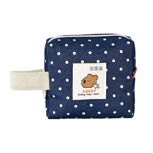 Image of Monolike Happy and Lucky Denim Dot Cube Pouch, Navy - Makeup Bag, Cosmetic Bag, Travel Bag, Toiletry Bag, Organizer, Storage Bag