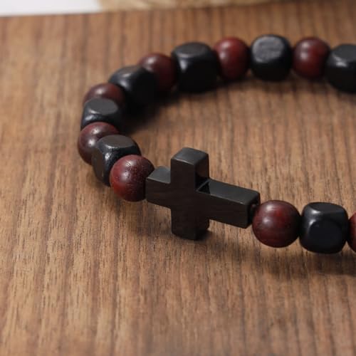 Pulsera de madera con dijes de cruz en acero inoxidable negro miniatura 2