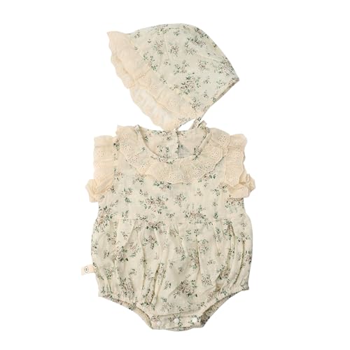 HOOLCHEAN Baby Girls Summer Thin Fabric Small Floral Lace Collar Romper with Bonnet