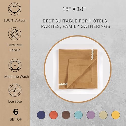 Image of FINGERCRAFT Cloth Napkins Set of 6, 18x18 Inch, 100% Cotton Table Napkins with RIC Rac Scallop Lace Trim, Reusable Washable Dinner Napkins for Wedding, Party, Dining & Home Decor (Brown)