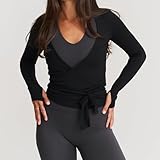 BABWWNIX Y2k Ballet Pilates Wrap Top for Women Long Sleeve Deep V Neck Tie Front Workout Yoga T Shirt Blouses Sports Tops (C-Black, S) - Image 3