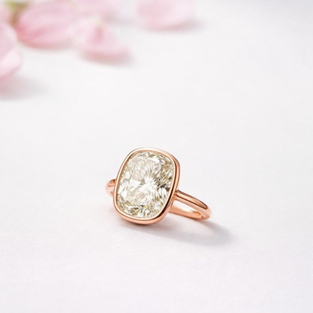 Bezel Set 6 Ct Cushion Cut Moissanite Engagement Ring Elongated Cushion Solitaire Wedding Ring in 18K Solid Gold Proposal Anniversary Jewelry Wedding Gift For Bridal
