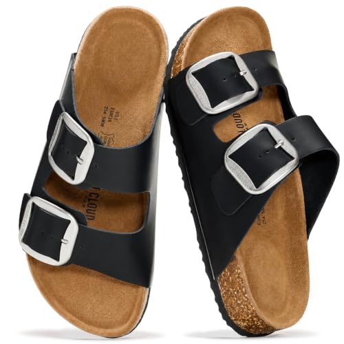 Image of Project Cloud 100% Genuine Leather Footbed Sandals for Women 2026 Comfortable Beach Essentials Womens Sandals Memory Foam Vacation Essentials Slides for Women Footwear (Santorini)