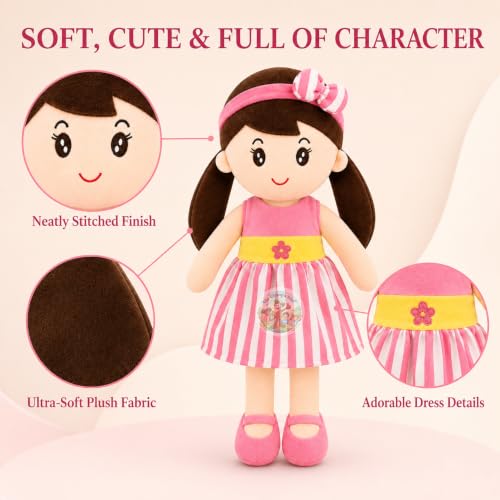 Image of Cute Doll 45 cm for Kids, Soft Plush Doll with Stylish Dress, Huggable Stuffed Toy for Girls and Boys, Birthday Gift, Room Decor, Pretend Play and Storytelling Companion, Pink Soft Toy