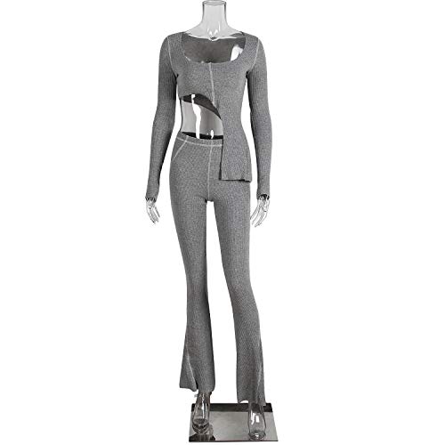 Women Fall Winter Rib Knit Pullover Sweater Top Long Flare Pants Set 2 Piece Outfits Sweatsuits Tracksuit Grey S #TOP7