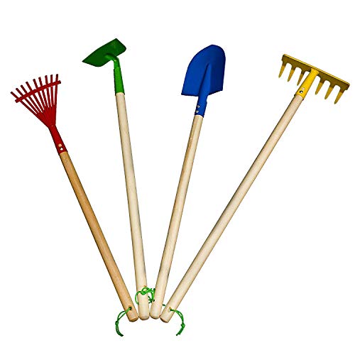 Fun Central 4 Pieces - 29 Inch Garden Tool Set for Kids & Toddlers - Blue Spade, Green Hoe, Yellow Garden Rake and Red Leaf Rake - Thumbnail 4