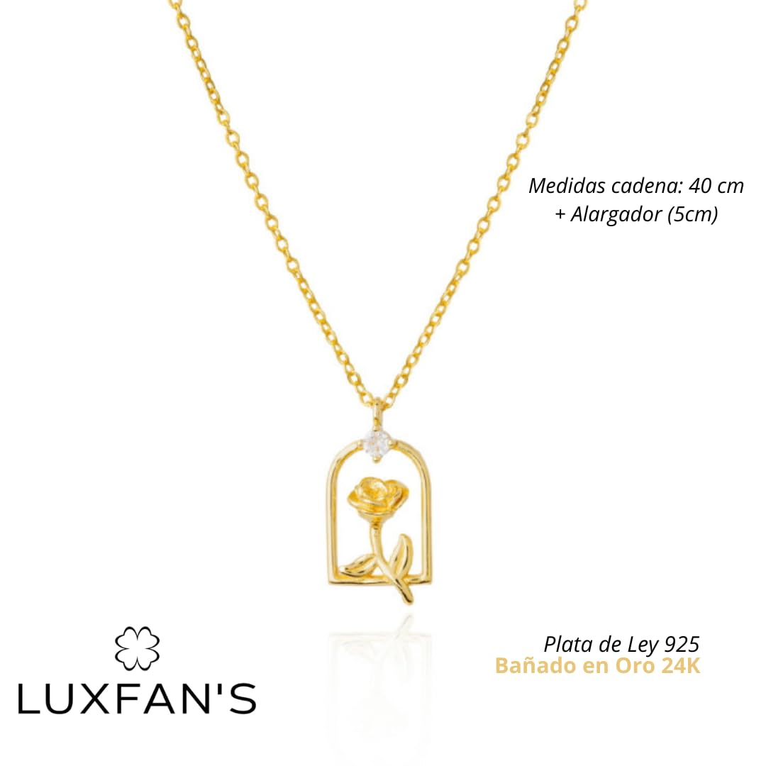Collar Rosa Bella y Bestia en Plata de Ley 925 y Chapado en Oro con Cadena de 40cm + Alargador. Para mujer, madre, abuela, amiga - Regalo de Navidad, Cumpleaños, Amigo Invisible. (Oro)