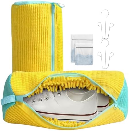 Shoe Washing Machine Bag, XXL Reusable Shoe Laundry Bag for Washer and Dryer, Durable 360° Deep Cleaning Unstain Cleaner Kit – 2 Pcs Show bags (Yellow) 2x Mesh bags 2x Shoe hangers image 5