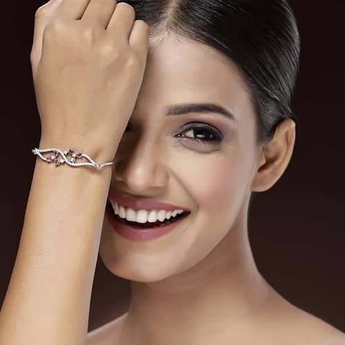 Image of ZENEME Rhodium-Plated Silver-toned Cuff Bracelet for Women & Girls Swirl Cuff Bangle with Crystal Stone Detailing Jewellery Bracelets for Womens