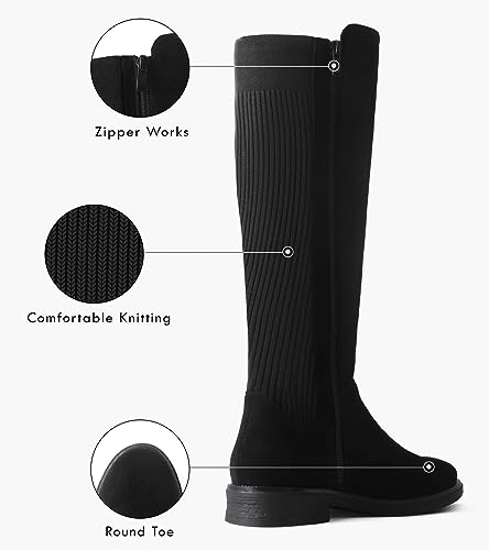 Image of Shoe'N Tale Women's Knee High Boots Flat Low Heel Stretchy Round Toe with Side Zipper