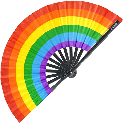 SoJourner Bags Rainbow Rave Fan - Large Folding Clack Fan for Men and Women - Rave Accessories for EDM Line Dancing Cosplay Concerts and More