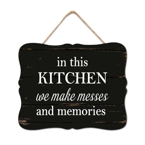 Targa da parete in legno con scritta in lingua inglese in this Kitchen We Make Messes And Memories, per casa, porta d'ingresso, portico, giardino, cortile, inaugurazione della casa, 20,3 x 25,4 cm