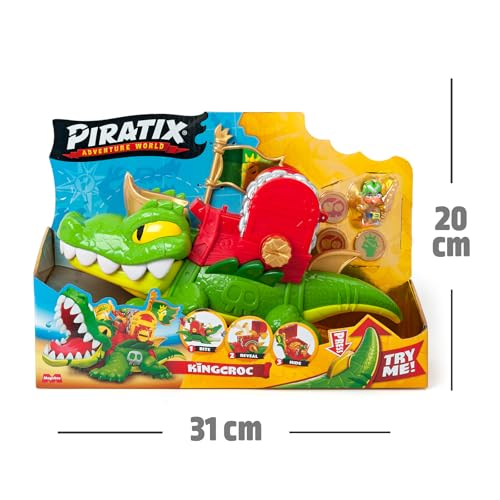 PIRATIX King Croc –Cocodrilo articulado,para capturar Piratix y con un cofre para guardar tesoros. Contiene 1 cocodrilo, 1 tesoro exclusivo, 2 tesoros dorados extras, 1 Piratix exclusivo y 1 accesorio