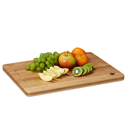Relaxdays 5 x Tranchierbrett Bambus, Schneidebrett, mit Saftrille & Griffloch, massiv, HxBxT: 2 x 40 x 30 cm, Holz, naturfarben
