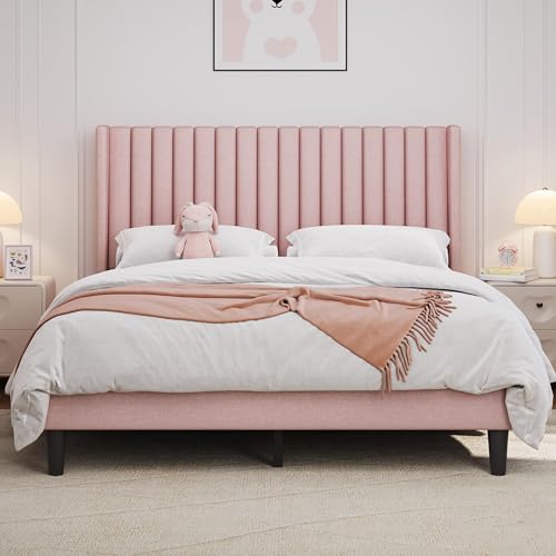 Yaheetech Queen Bed Frame Upholstered Platform Bed with Fabric Headboard Wing Edge Design/Non-Slip and Noise-Free/Wooden Slats Support/No Box Spring Needed/Easy Assembly Pink Queen Bed