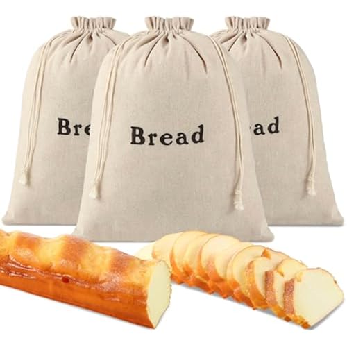 Woanger 3 Pieces Linen Bread Bags Burlap Reusable Drawstring Bread Bags 12 x 15 Inch Unbleached Loaves Pastries Pouch Handmade Food Storage for Bakery Picnic Wedding Wrapping Camping Supplies