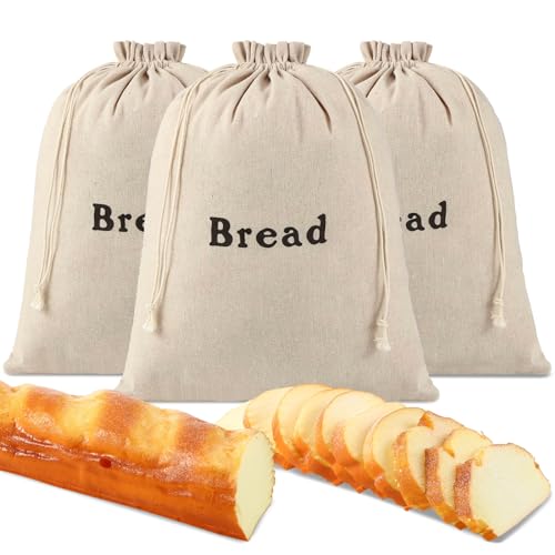 Woanger 3 Pieces Linen Bread Bags Burlap Reusable Drawstring Bread Bags 12 x 15 Inch Unbleached Loaves Pastries Pouch Handmade Food Storage for Bakery Picnic Wedding Wrapping Camping