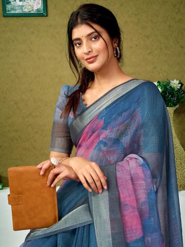 Image of SIRIL Women's Linen Digital Printed Saree With Unstitched Blouse Piece