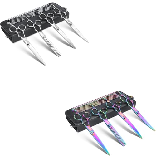 JASON Profi Hundeschere Set 2er Pack - 6 in 1 Komplettset (Silber + Farbig) mit Gerade/Gebogene/Chunker/Effilierschere, Kamm & Tasche - Japanischer 440C-Edelstahl für professionelle Haustierpflege