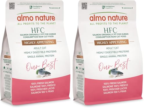 Almo Nature HFC Our Best- Highly Appetizing- Trockenfutter für Katzen- Frischer Lachs- Lebensmittelqualität, Glutenfrei, Monoprotein, Sehr Schmackhaft- 300g (Packung mit 2)