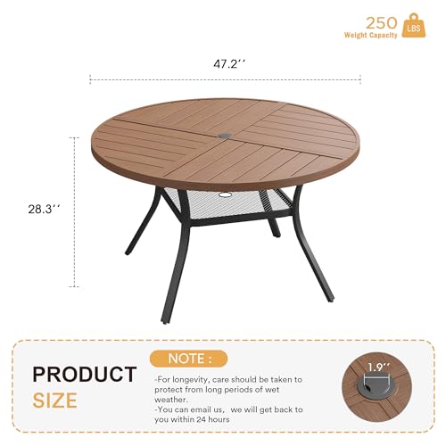 Image of VICLLAX Round Patio Table with Adjustable Umbrella Hole for 6, All Weather Metal Outdoor Dining Table for Lawn Garden, 47.2 inch Outdoor Coffee Table, Walnut Wood-Like Tabletop