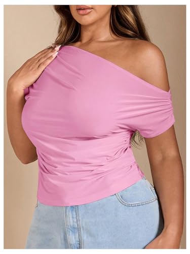 WDIRARA Women's Plus Size Off Shoulder Tee Shirt Ruched Asymmetrical Short Sleeve Tops3