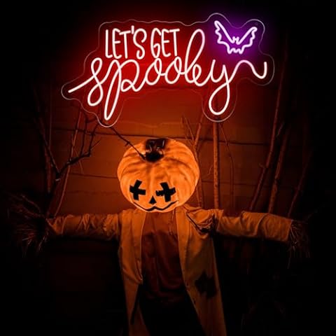 YGEQWK Halloween Neon Sign Lights Lets Get Spooky Neon Custom Neon Signs for Wall Decor LED Neon Night Light Battery Powered Halloween Decorations Neon Sign Halloween Party for Garden Party Bar Kid Room Boy Gift Cover