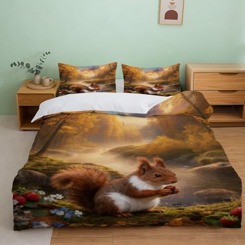 Funda Nórdica con Ardilla Microfibra Suave Juego De Cama Bosque con Funda De Almohada Fácil De Cuidar Y Lavable A Máquina King（220x240cm）