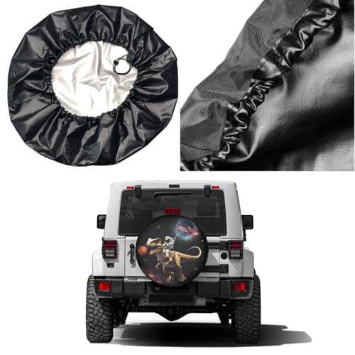 Image of Delerain Astronaut Dinosuar American Flag Spare Tire Cover for RV Trailer SUV Truck and Many Vehicle, Wheel Covers Sun Protector Waterproof (15 Inch for Diameter 27 inch-29 inch)