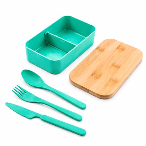 Bamboo Lunch Box – 1000ml Reusable Lunchbox with Bamboo Lid & Cutlery Set (Knife, Fork & Spoon), Removable Divider – (Green)