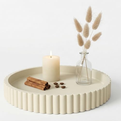 Round Solid Concrete Tray, Fluted Centerpiece for Coffee Table Decor 11"