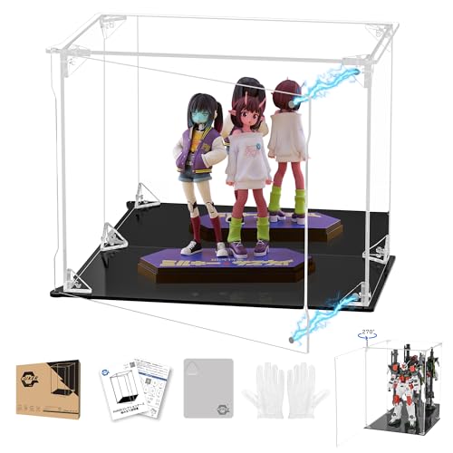 KUKER フィギュアケース アクリルケース UVカット 背面ミラー マグネット付き 前扉 コレクションケース ディスプレイケース ショーケース 組み立て式 汚れ防止 手袋 クリーニングクロス付き (幅25×奥行15×高さ20cm,台座黒＋背面ミラー)の商品画像（Amazon）