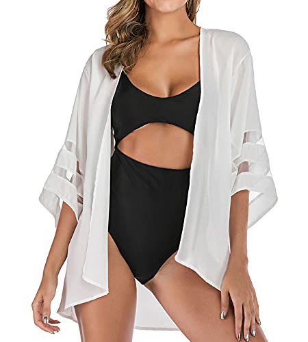 Image of OUKIN Women Chiffon Kimono Cardigan Swim Beach Cover Up Boho Floral Print Bikini Cover-ups Blouse for Swimwear Beachwear (White)