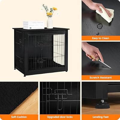 DWANTON Dog Crate Furniture with Cushion, Wooden Kennel Table with Double Doors, Indoor Dog House, Small/Medium/Large Size, 27.2 L, Black