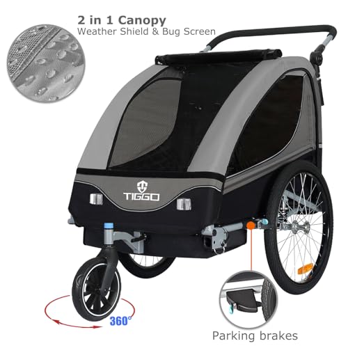 Tiggo S2 Kinderanhänger mit Federung Jogger 2 in 1 Kinder Buggy fahrradanhänger Anhänger 360° Drehbar (Grau)