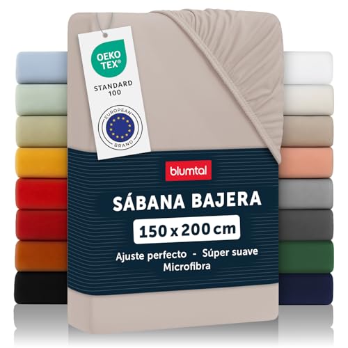 Blumtal Basics Sábana Bajera Ajustable de Microfibra Cepillada - Sábana Bajera para colchón de 25-27 cm de Altura, Cama 150: 150 x 200 x 30 cm, Topo