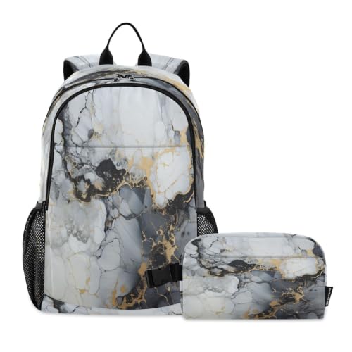 Sac à dos étudiant marbre blanc avec sac à lunch isotherme enfant garçon