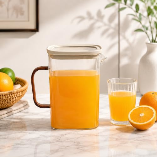 Image of WRINGO 1500ML Square Water Jug with Lid, Glass Juice Pitcher for Refrigerator, Kitchen & Dining, Serving Jug for Water, Juice & Beverages, Pack of 1
