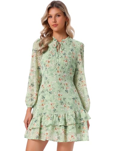 Image of Allegra K Women's Spring Dresses 2026 Tie V Neck Semi Sheer Long Sleeve Layered Tiered Chiffon Mini Floral Dress