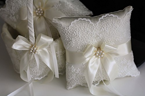 Alex Emotions Ivory Flower Girl Basket And Ring Bearer Pillow Set - Ivory Wedding Basket Pillow Set, Lace Ring Pillow, Lace Ring Holder, Lace Ring Pillow #TOP4