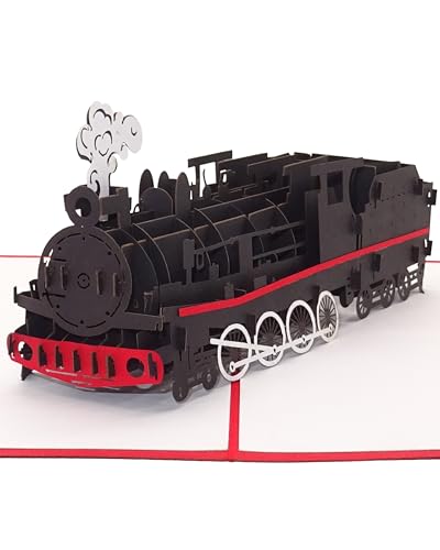 Tarjeta de cumpleaños Pop Up Locomotora de vapor en 3D, tarjeta de cumpleaños, vale de viaje y certificado de regalo, locomotora de vapor, tarjeta plegable en 3D