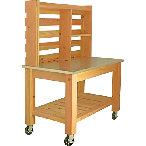 Modern Garden Potting Table With Hardware Hooks & Towel Bar - Work Bench & Zinc Table-Top With Black Cast Iron Castors & Brakes (Full, 6In Vintage Casters, Hardware) #TOP5