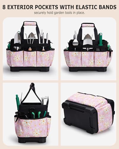 Marscamd Garden Tool Bag with Hard Bottom, Garden Tote with Shoulder Strap and Multiple Pockets (No Accessories Included), Pink Sunflower