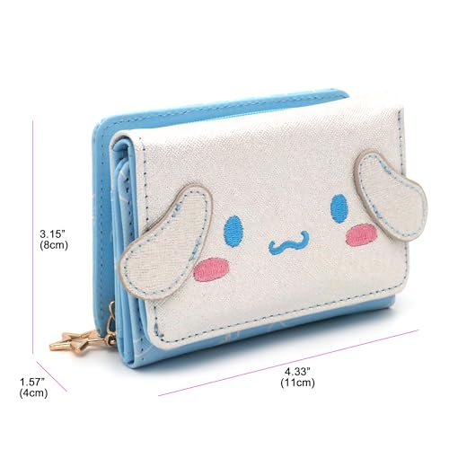 Cinnamoroll Wallet Adorable White Puppy Curly Ear Japanese Character Trifold Slim Cartoon Snap Zipper Closure Card Holder Vegan Leather for Girls Women, Officially Designed2